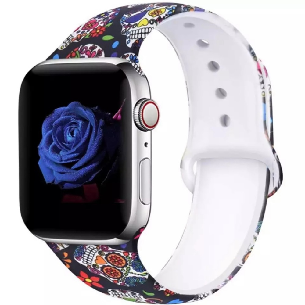 Colorful Day of the Dead Sugar Skull Silicone Watchband for Apple - Picture 2 of 13
